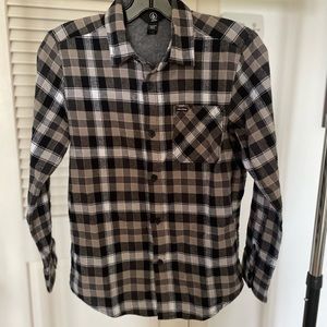 Volcom boy size Medium button down flannel, neutral check pattern, like new!